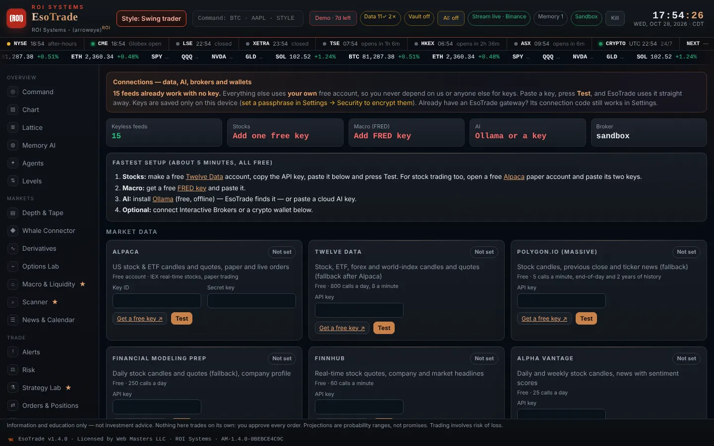 EsoTrade Connections tab: data keys with Get-a-key links and Test buttons, Interactive Brokers, Alpaca and NinjaTrader
